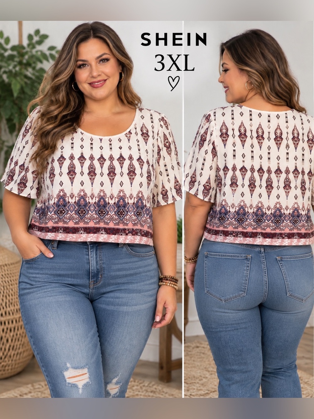 SHEIN 3XL Boho Border Print Short Sleeve cropped Blouse Top multi colored